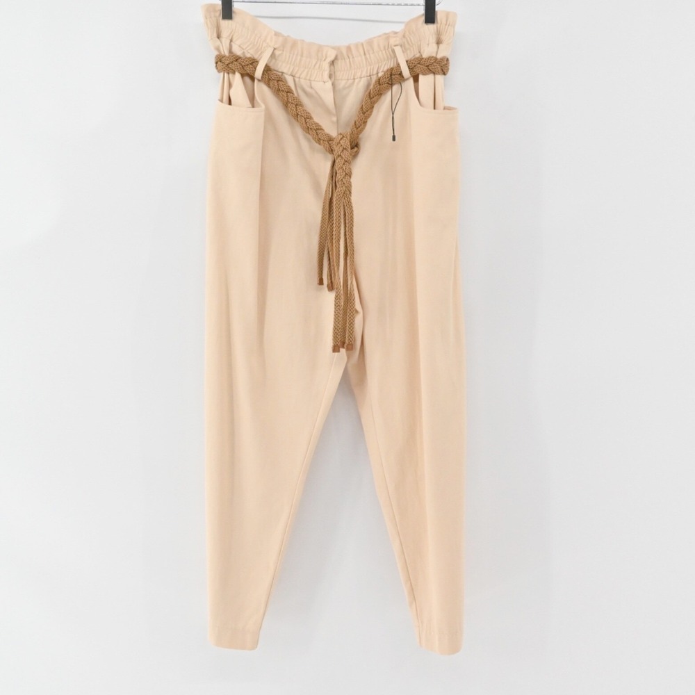 Zara Belted Tapered Pants Womens Size XL Beige Cotton Boho Hippie Paperbag Waist